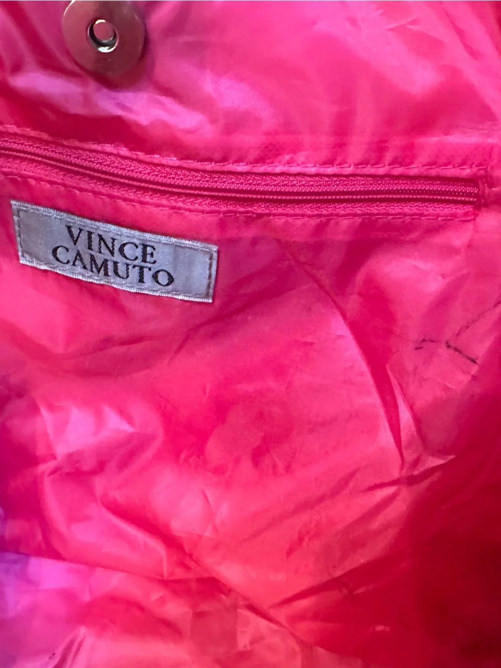 Vince Camuto Metallic Pewter Silver Large Tote Bag Hot Pink Lining